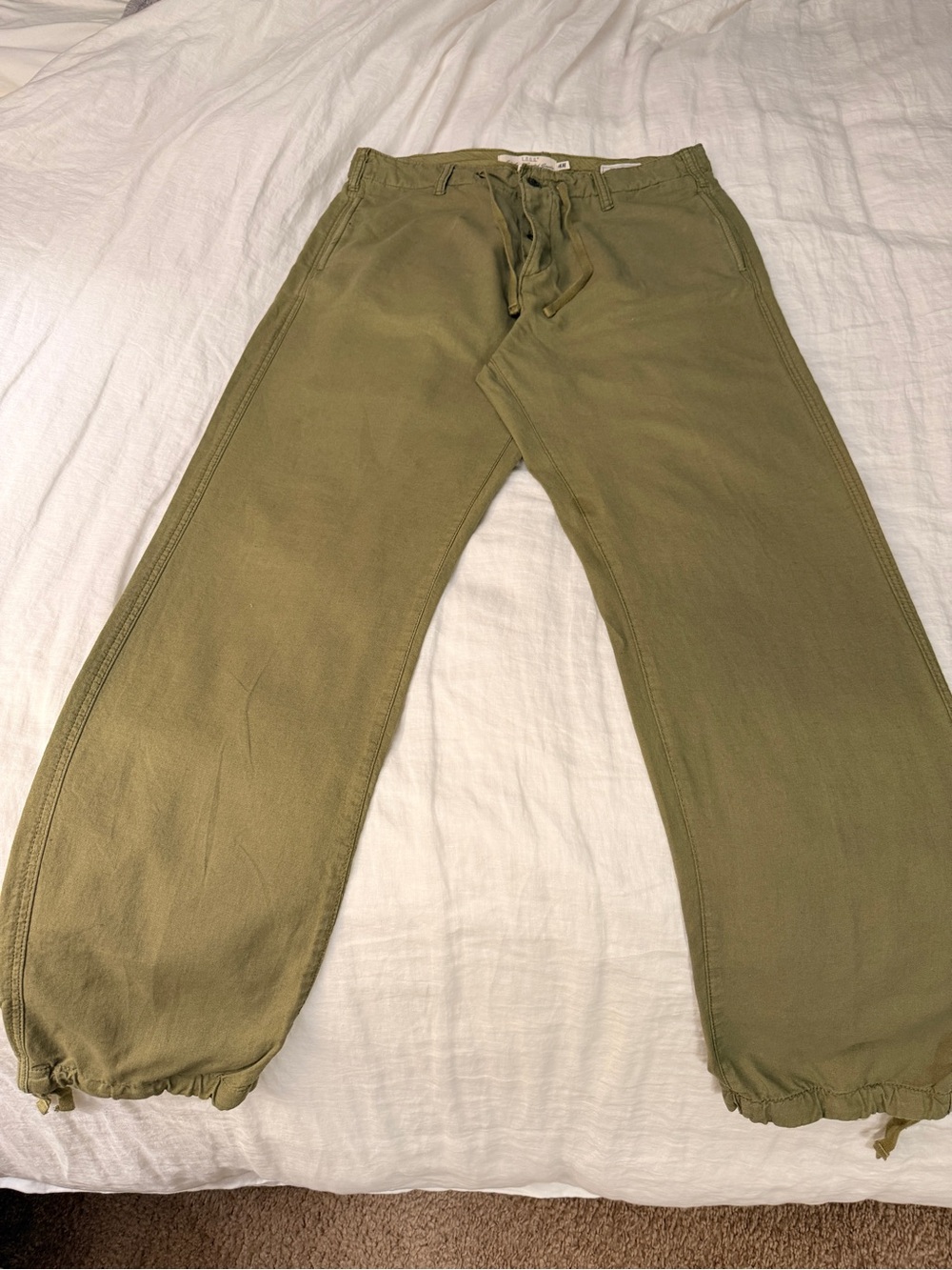 H&M Menβs Linen Olive Green Drawstring Jogger Pants